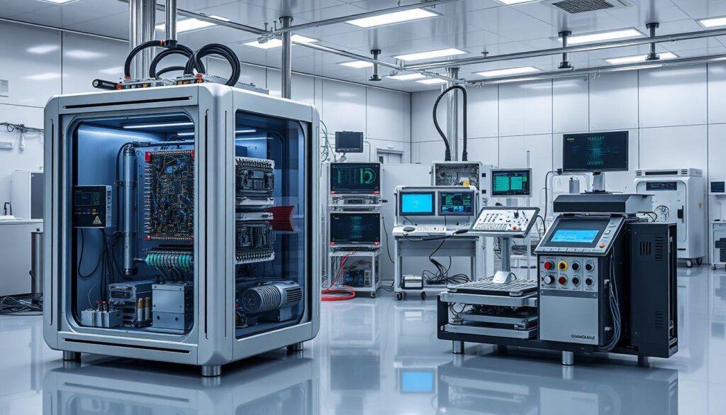A highly detailed, large-scale image of cutting-edge quantum computing hardware. Showcase an intricate array of sleek, futuristic components and modules arranged in a clean, minimalist laboratory setting. Prominent in the foreground, an advanced quantum processor encased in a state-of-the-art cooling and control system, its complex circuits and quantum wells visible through a transparent housing. In the middle ground, an array of specialized measurement and calibration instruments, their displays indicating the precise quantum states being manipulated. The background features a high-tech, sterile environment with smooth, metallic surfaces, advanced cryogenic equipment, and other supporting hardware essential for quantum computing research and development. Capture an atmosphere of scientific innovation, precision, and the sheer complexity of realizing quantum computational power.