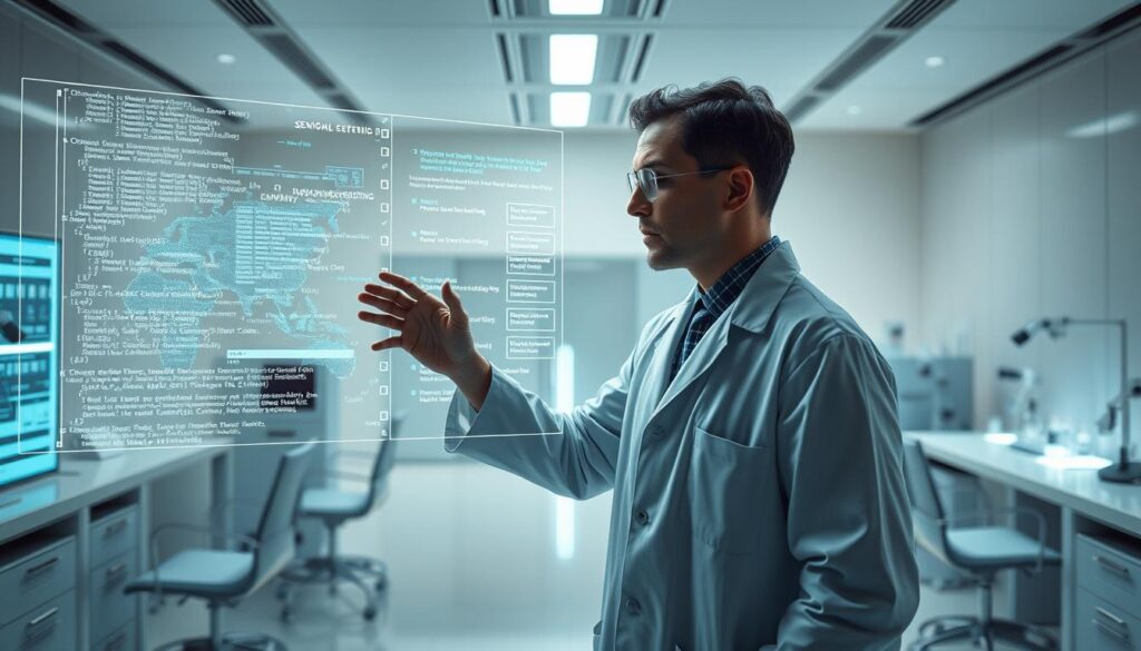 A hyper-realistic, highly detailed, cinematic image of natural language processing augmentation. In the foreground, a holographic display shows complex algorithms and data structures, representing the inner workings of NLP techniques. In the middle ground, a scientist or researcher interacts with the display, gesturing and manipulating the digital elements. The background depicts a futuristic, minimalist laboratory setting with sleek, chrome-accented furniture and equipment. Soft, directional lighting from above casts dramatic shadows, creating a sense of depth and drama. The overall mood is one of scientific innovation and technological progress.