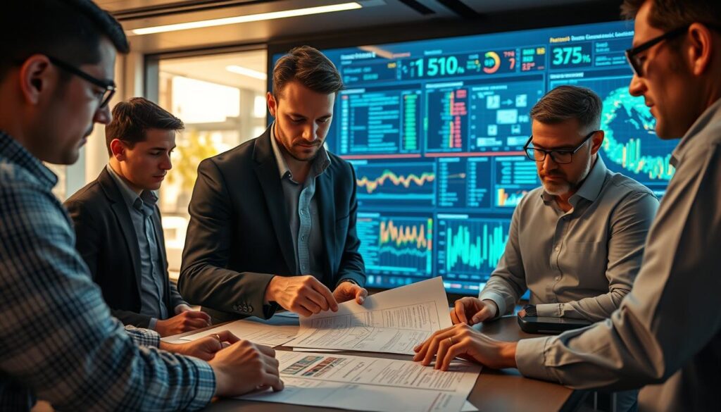 A meticulously crafted security audit process, captured through the lens of a professional photographer. In the foreground, a team of security experts scrutinizing network diagrams and log files, their expressions intent and focused. In the middle ground, a large display showcases real-time threat monitoring, its vibrant visualizations illuminating the complex cybersecurity landscape. The background features a sleek, modern office environment, with floor-to-ceiling windows bathing the scene in warm, natural lighting. The overall atmosphere conveys a sense of diligence, expertise, and a steadfast commitment to safeguarding the organization's digital assets.