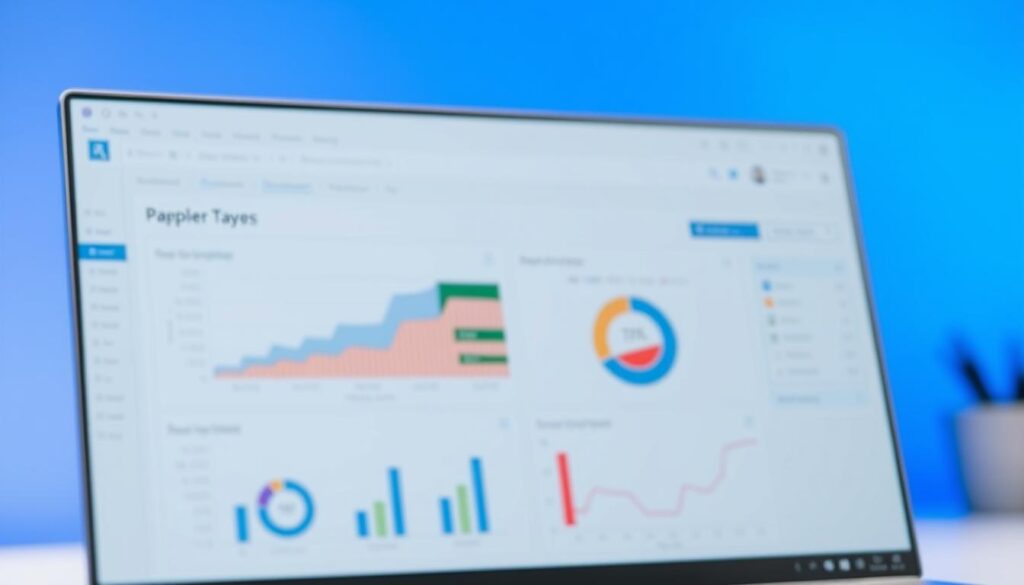 A modern, well-lit Power BI Desktop interface, showcasing its intuitive dashboard design. In the foreground, a clean and organized data visualization panel with crisp charts and graphs. In the middle ground, the ribbon toolbar with clear icons and menus, allowing for seamless navigation. The background subtly blends shades of blue, evoking a sense of professionalism and productivity. The overall scene is captured with a slightly elevated camera angle, highlighting the depth and functionality of the Power BI workspace.