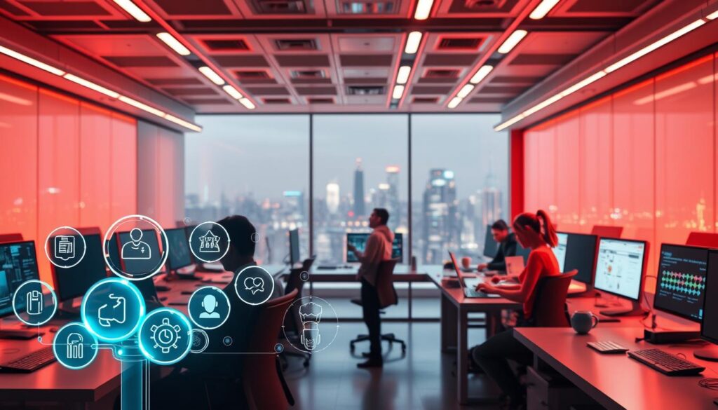 A neon-lit, futuristic office setting with sleek, minimalist workstations. In the foreground, a cluster of holographic icons representing essential skills for thriving in an AI-enhanced workplace - critical thinking, adaptability, data literacy, emotional intelligence, and collaboration. The middle ground features employees engaged in dynamic, technology-driven tasks, their faces illuminated by the glow of digital displays. The background showcases a panoramic cityscape, hinting at the rapid technological advancements shaping the future of work. Warm, saturated tones evoke a sense of innovation and progress, while careful framing and dramatic lighting create a sense of depth and drama.