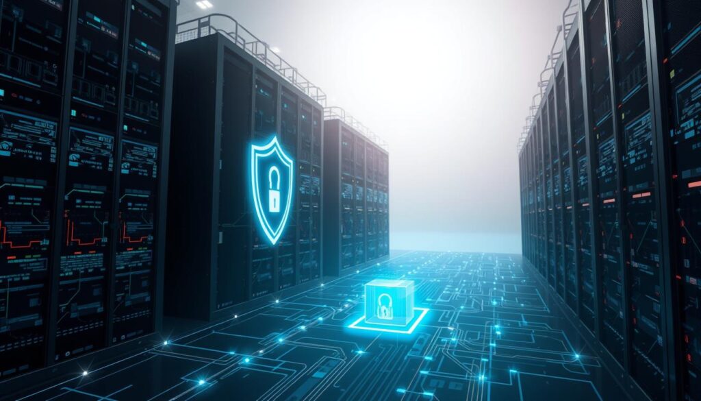 A secure data fortress stands tall, its walls adorned with intricate security protocols. In the foreground, a glowing holographic interface displays real-time threat monitoring, while the middle ground showcases a network of interconnected servers, each safeguarded by advanced encryption algorithms. The background bathes in a soft, ethereal glow, conveying a sense of digital sanctuary. Sleek, futuristic lighting casts dramatic shadows, emphasizing the weight and importance of data protection. The scene exudes a sense of technological sophistication and unwavering vigilance, ready to safeguard the most sensitive information.