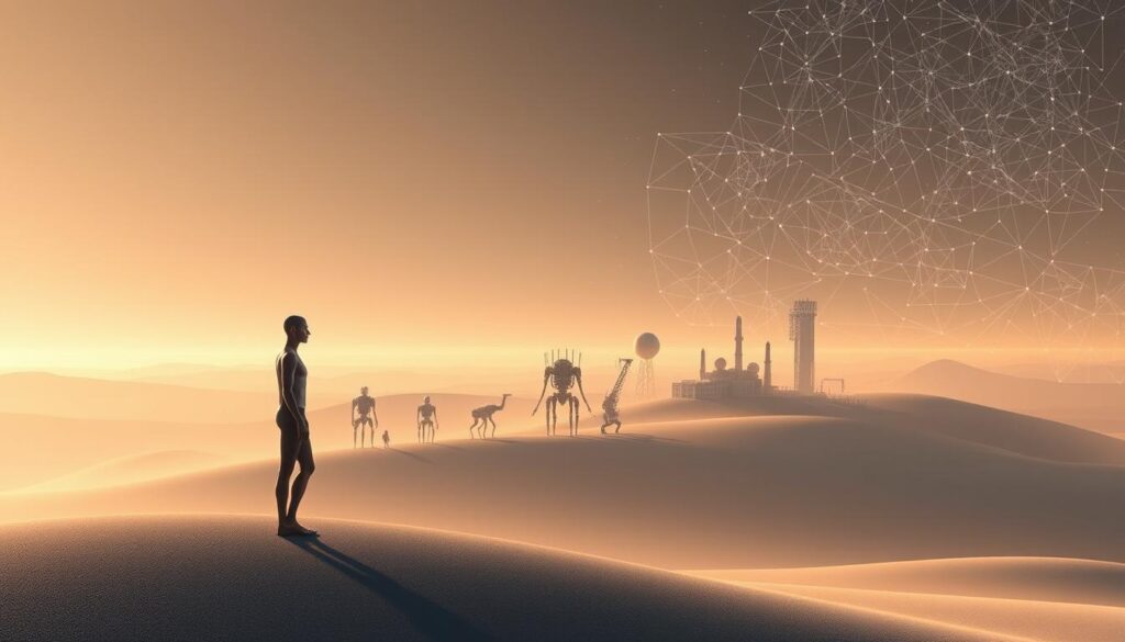 A serene and minimalistic digital landscape, depicting the spectrum of artificial intelligence. In the foreground, a sleek and elegant humanoid figure symbolizes advanced AGI, emanating an aura of sentience and autonomy. In the middle ground, various mechanical constructs and neural networks represent the diverse capabilities of narrow AI, each with its own specialized function. The background features a stylized visualization of the fundamental principles of machine learning and deep neural networks, with intricate geometric patterns and abstract data visualizations. The entire scene is bathed in a soft, warm lighting that creates a contemplative and thought-provoking atmosphere, inviting the viewer to ponder the nature of artificial intelligence and its implications for the future.