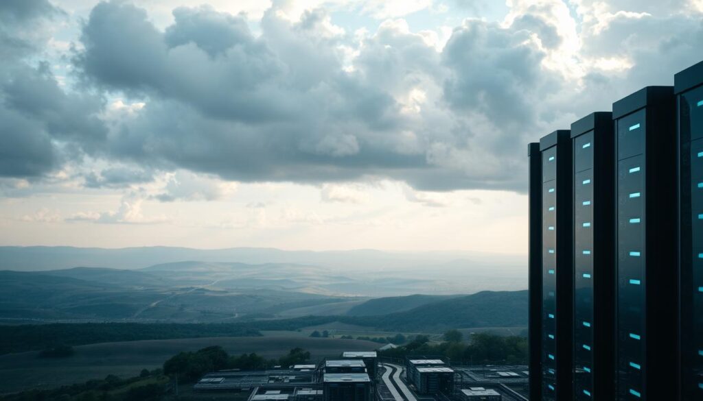A serene and secure cloud environment, with a dramatic sky overhead. In the foreground, a futuristic data center stands tall, its sleek architecture and glowing panels conveying a sense of advanced technology. In the middle ground, a network of interconnected servers and devices, all protected by layers of cybersecurity measures. The background features a vast, expansive landscape, with rolling hills and a distant horizon, symbolizing the boundless possibilities of cloud computing. Soft, directional lighting casts dramatic shadows, creating a sense of depth and emphasizing the importance of data protection in this modern, interconnected world.