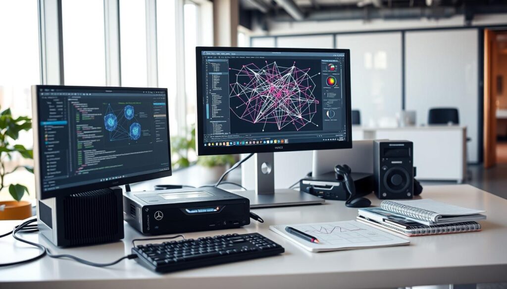 A serene and well-lit workspace showcasing a computer monitor displaying neural network development software, with various programming tools, notebooks, and technical diagrams arranged neatly on a clean, minimalist desk. The foreground features a high-quality desktop computer and peripherals, while the middle ground includes specialized hardware like GPUs and AI accelerators. The background depicts a modern, airy office environment with large windows allowing natural light to flow in, creating a calm and focused atmosphere conducive to deep learning research and experimentation.