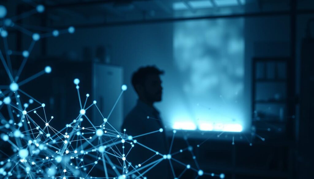 A serene, dimly-lit laboratory setting. In the foreground, an array of interconnected nodes and lines form a complex neural network, pulsing with an ethereal energy. In the middle ground, a scientist observes the network, deep in contemplation, their expression one of curiosity and discovery. The background is shrouded in a soft, diffused glow, hinting at the vast potential of unsupervised learning techniques. Subtle shadows cast by the network create a sense of depth and intrigue. The overall atmosphere is one of intellectual exploration, where the boundaries of machine learning are being pushed forward, unlocking new possibilities.