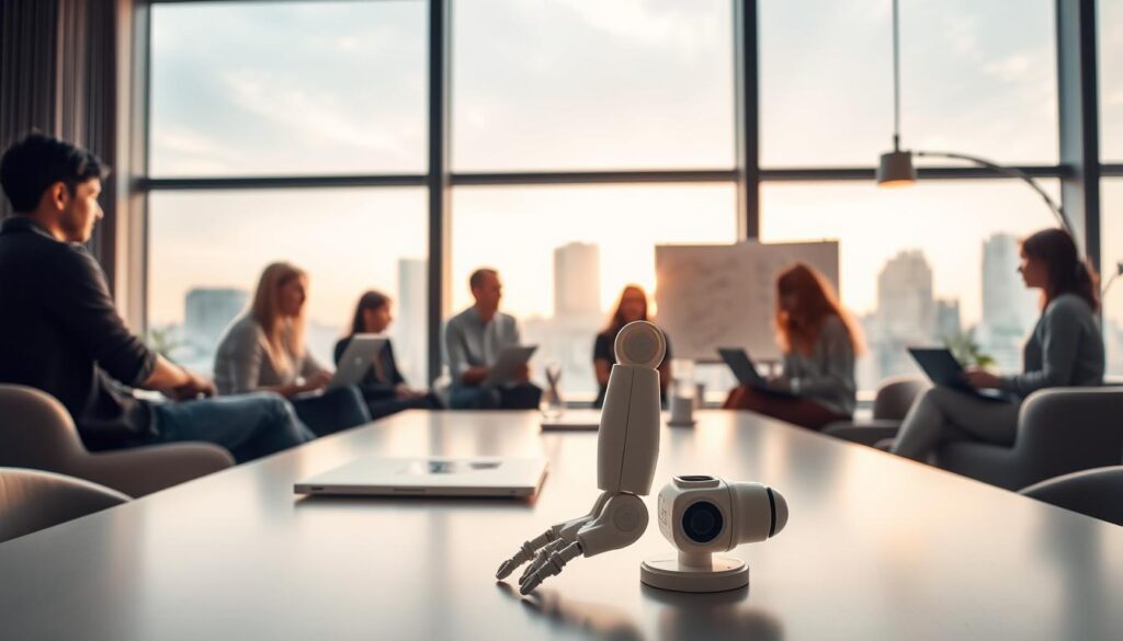 A serene office setting with large windows overlooking a cityscape. A team of diverse individuals collaboratively working on laptops and whiteboards, brainstorming ideas for an AI-powered social impact project. Soft, diffused lighting creates a warm, inspiring atmosphere. The scene conveys a sense of purpose, innovation, and the potential to create positive change through technology. In the foreground, a 3D-printed model of a robotic arm stands on a table, hinting at the tangible, real-world applications of their work. The background features a minimalist, modern decor with sleek furniture and subtle accents that reinforce the professional, forward-thinking nature of the environment.