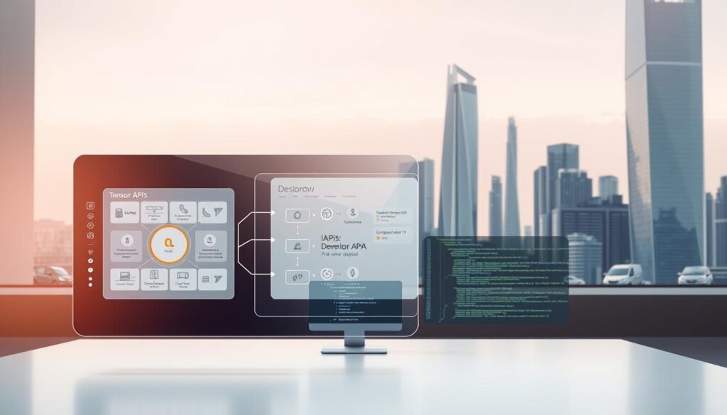 A sleek and modern technology landscape, showcasing the powerful APIs and abstractions of TensorFlow. In the foreground, a holographic display presents elegant diagrams and visualizations of core TensorFlow components, their interconnections, and data flows. The middle ground features a minimalist workspace, with a developer workstation displaying lines of TensorFlow code against a backdrop of clean, monochromatic surfaces. In the background, a cityscape of gleaming, futuristic towers suggests the scale and impact of AI projects powered by TensorFlow. Soft, directional lighting casts a warm, focused glow, creating a sense of depth and emphasizing the technical elegance of the scene.