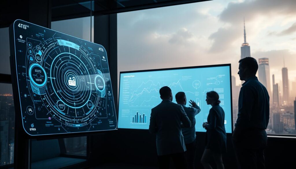 A sleek, data-driven control panel hovers in the foreground, its holographic interface displaying intricate visualizations and real-time analytics. In the middle ground, a team of data scientists and engineers collaborate around a large interactive whiteboard, their faces illuminated by the glow of AI-powered insights. The background depicts a futuristic cityscape, skyscrapers and towers shrouded in a soft, atmospheric haze, suggesting the broader impact of this advanced data analysis system. Dramatic low-angle lighting casts dynamic shadows, lending a sense of depth and cinematic drama to the scene. The overall mood is one of technological sophistication, collaborative problem-solving, and the transformative power of AI-driven data analysis.