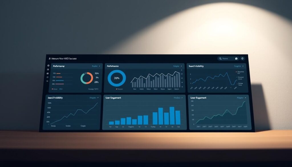 A sleek, data-driven dashboard displaying key AEO metrics. The foreground showcases a series of intuitive charts and graphs, meticulously crafted to convey website performance, search visibility, and user engagement insights. The middle ground features a minimalist user interface, with clean typography and a sophisticated color palette that complements the analytical nature of the content. The background subtly hints at the broader digital landscape, with subtle textures and muted tones that create a sense of depth and context. Soft, directional lighting casts a subtle glow, highlighting the precision and clarity of the data visualization. The overall composition strikes a balance between form and function, delivering a visually compelling representation of the "Measuring Your AEO Success" section.