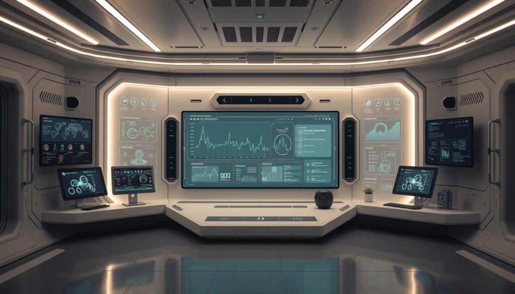 A sleek, futuristic AI viewer interface with a minimalist design, featuring a large central display surrounded by intuitive control panels and monitoring systems. The interface is bathed in a soft, ambient lighting that creates a calming and focused atmosphere, ideal for analyzing complex data visualizations. The layout is well-organized, with clear delineation between input controls, output displays, and diagnostic information. The overall impression is one of advanced technology and seamless user experience, reflecting the power and potential of the AI system.