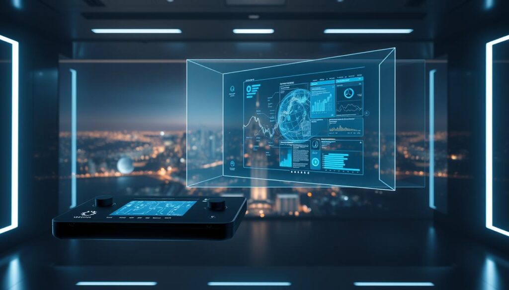 A sleek, futuristic AI visualization software interface, showcasing a 3D holographic data display against a dimly lit, high-tech backdrop. The foreground features a floating control panel with intuitive touch-based controls and a central screen displaying intricate data visualizations. The middle ground depicts a panoramic view of a cityscape, conveyed through a series of translucent, holographic panels. The background is shrouded in a subtle, atmospheric glow, suggesting a sense of advanced technology and innovation. The overall scene should evoke a sense of awe and wonder, capturing the power and potential of AI-driven data analysis and visualization.
