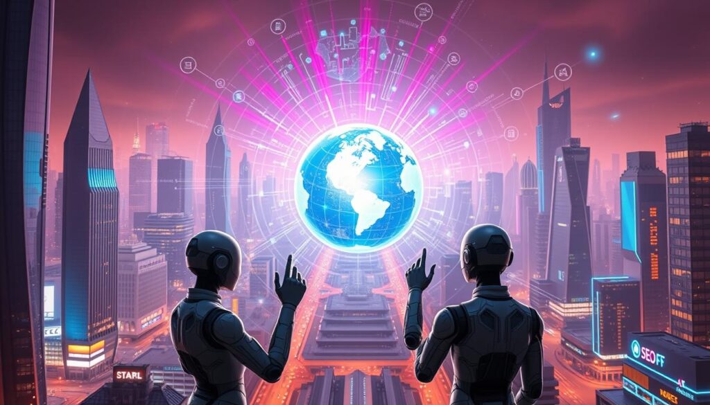 A sleek, futuristic cityscape with towering skyscrapers and neon-lit streets. In the foreground, a group of AI-powered digital assistants manipulate holographic interfaces, optimizing search engine algorithms and driving data-driven SEO strategies. Beams of light radiate from their fingertips, connecting to a vast network of interconnected devices. In the middle ground, a giant, luminescent globe hovers, representing the collective knowledge and insights powering this AI-driven SEO revolution. The background is a vibrant, kaleidoscopic display of search engine results, web traffic analytics, and social media engagement metrics, all converging to form a visually stunning tapestry of the future of digital marketing. The scene is bathed in a warm, otherworldly glow, conveying a sense of technological prowess and the seamless integration of AI and SEO.