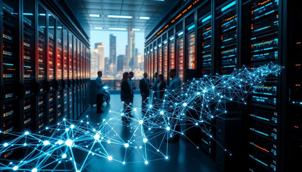 A sleek, futuristic data center filled with glowing server racks and holographic displays. In the foreground, an AI algorithm visually represented as a complex neural network, its nodes and connections pulsing with energy. The middle ground features a team of data scientists and engineers collaboratively optimizing the algorithm's performance, adjusting parameters and refining the code. In the background, a cityscape of gleaming skyscrapers and autonomous vehicles, hinting at the broader technological landscape. Crisp lighting, cinematic camera angles, and a tone of focused determination convey the process of unlocking the full potential of this AI system.