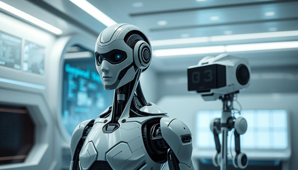A sleek, futuristic laboratory setting with two distinct robotic figures. In the foreground, a sophisticated humanoid robot with advanced sensors and an intricate, biomimetic design represents the concept of Artificial General Intelligence (AGI). In the middle ground, a more specialized, task-oriented robot with a minimalist, angular aesthetic symbolizes Narrow AI. The two figures are positioned in a way that suggests a contrast, with the AGI robot appearing more versatile and adaptable, while the Narrow AI robot is focused on a specific function. The background features a clean, high-tech environment with smooth surfaces, holographic displays, and subtle lighting, conveying a sense of technological progress and innovation. The overall mood is one of innovation, technology, and the evolving landscape of artificial intelligence.