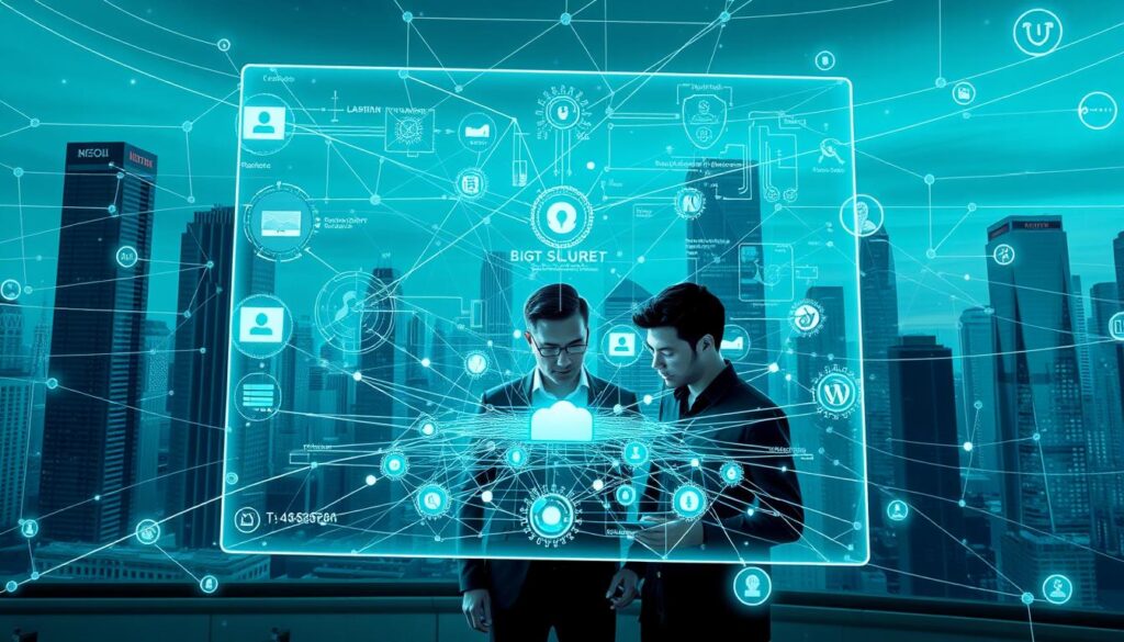 A sleek, futuristic rendering of interconnected blockchain development platforms, showcasing their cutting-edge capabilities. In the foreground, a holographic display presents a visually stunning network of decentralized applications, smart contracts, and secure transaction protocols. In the middle ground, a trio of developers collaborates on a complex blockchain architecture, their faces illuminated by the glow of digital interfaces. The background depicts a cityscape of towering skyscrapers, their facades adorned with the logos of leading blockchain service providers. The scene is bathed in a cool, teal-tinged lighting, conveying a sense of technological sophistication and innovation.