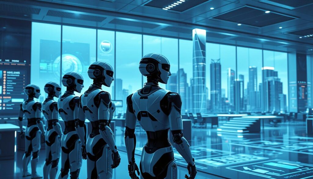 A sleek, futuristic scene depicting the evolution of AI agents in a business environment. In the foreground, a group of sophisticated, humanoid AI agents stand poised, their robotic forms hinting at their advanced capabilities. Behind them, a sprawling, high-tech office space unfolds, with holographic displays and intelligent automation systems seamlessly integrated into the environment. In the background, a towering, glass-and-steel cityscape rises, symbolizing the rapid progress and integration of AI technology into the modern workplace. The scene is bathed in a cool, subdued lighting, creating an atmosphere of innovation, efficiency, and the seamless collaboration between human and machine.