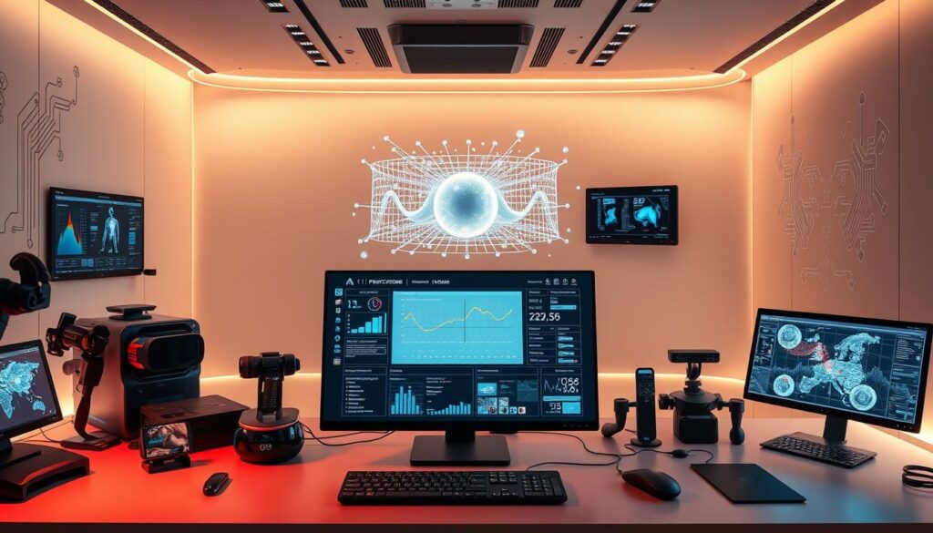 A sleek, futuristic workspace showcasing a diverse array of AI viewer tools. In the foreground, a high-resolution display presents data visualizations and analytical insights, bathed in a soft, ambient glow. Surrounding it, an array of specialized devices - from eye-tracking sensors to gesture-based controllers - offer intuitive ways to interact with and explore the AI-driven information. In the middle ground, a holographic projection system displays 3D models and simulations, casting an ethereal, technology-infused atmosphere. The background features a clean, minimalist design with subtle nods to the AI theme, such as circuit board patterns and abstract algorithmic art. Warm, indirect lighting creates a sense of depth and professionalism, inviting the viewer to immerse themselves in the cutting-edge world of AI viewer tools.