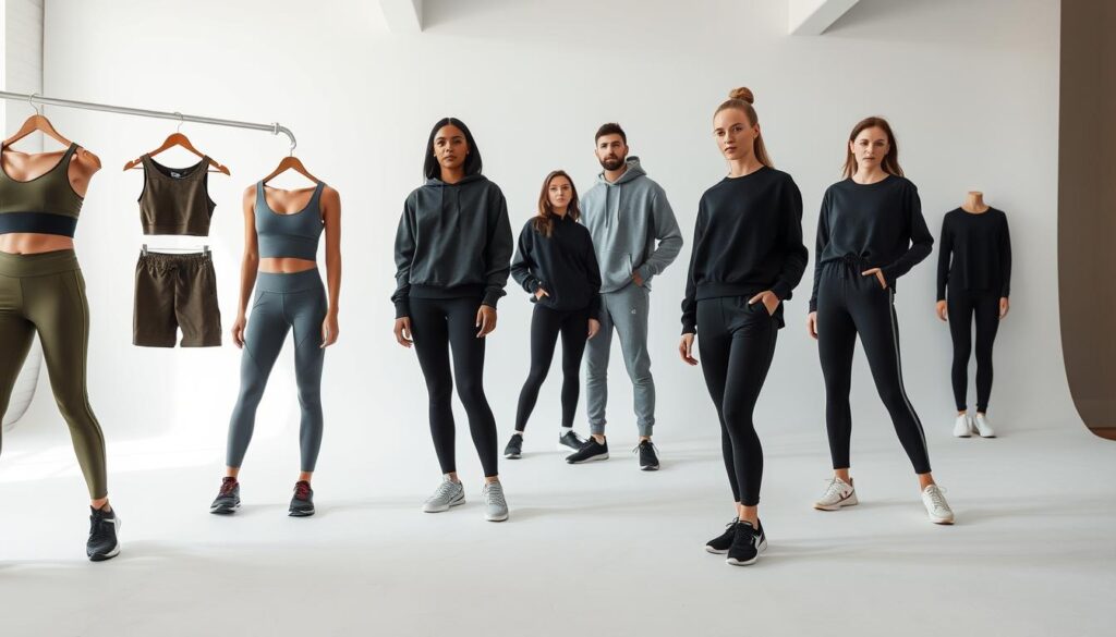 A sleek, high-quality activewear collection with a modern, minimalist aesthetic. In the foreground, display a range of premium workout tops, leggings, and shorts in muted, earthy tones like olive, gray, and black. In the middle ground, showcase stylish athleisure pieces like hoodies, joggers, and sneakers, conveying a sense of effortless versatility. Set the scene against a clean, well-lit studio backdrop, with subtle natural lighting accentuating the premium fabrics and tailored silhouettes. Exude a sense of understated elegance and practicality, reflecting the active, on-the-go lifestyle of the target audience.