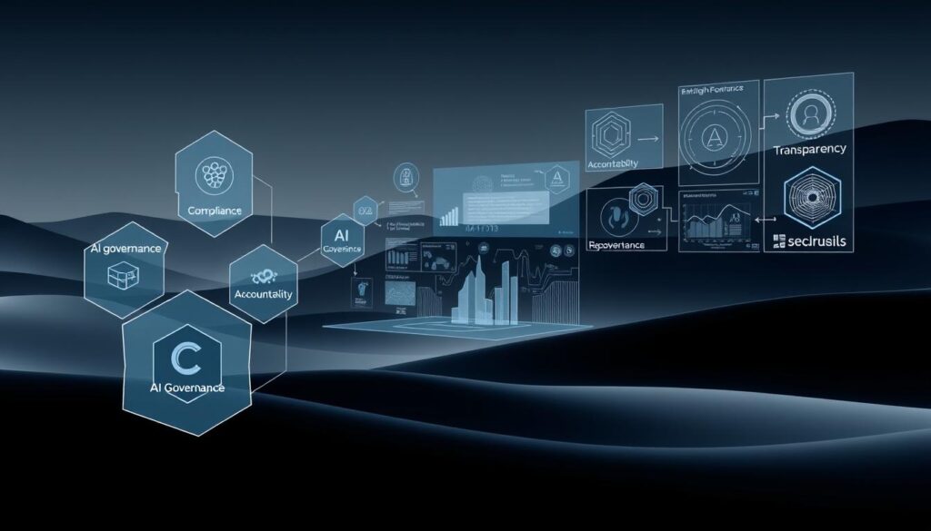 A sleek, minimalist composition showcasing various AI governance frameworks. In the foreground, a stylized abstract arrangement of geometric shapes and lines representing the core components of AI governance - ethics, compliance, transparency, and accountability. The middle ground features holographic projections of data visualization models, algorithms, and other technical elements, conveying the complex systems underpinning AI governance. The background is a subdued, monochromatic landscape with a subtle lighting scheme, creating a sense of depth and emphasizing the sophisticated, high-tech nature of the subject matter. The overall impression is one of a well-organized, technologically advanced approach to AI governance, suitable for the needs of modern business and government leaders.