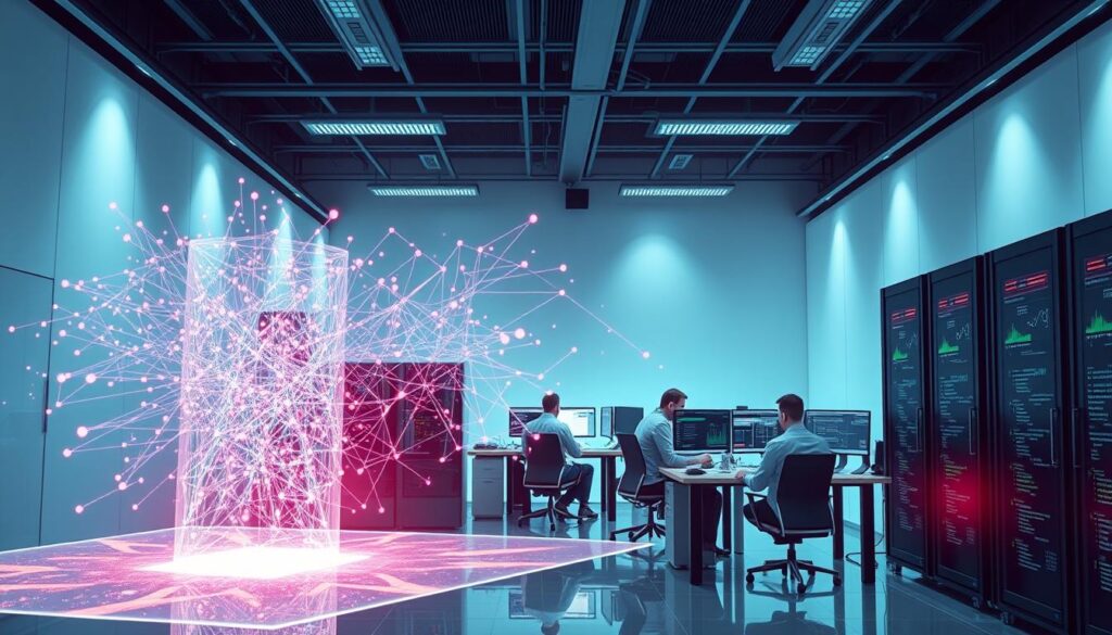 A sleek, minimalist laboratory setting with state-of-the-art computer equipment. In the foreground, a holographic display showcases complex algorithmic visualizations, pulsing with vibrant colors and intricate data patterns. The middle ground features a team of data scientists and engineers, intently focused on their workstations, surrounded by screens displaying code, graphs, and optimization metrics. The background bathes in a soft, cool-toned lighting, evoking a sense of technological sophistication and innovation. The scene conveys the essence of AI algorithm optimization techniques - a harmonious blend of human expertise and cutting-edge computational power, working in tandem to unlock the full potential of AI systems.