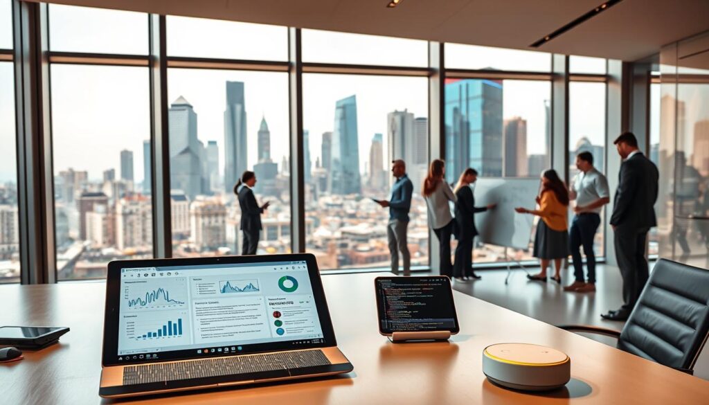 A sleek, minimalist office interior with large windows overlooking a bustling city skyline. In the foreground, an executive desk features various Gen AI-powered devices and applications - a tablet displaying data visualizations, a laptop with a code editor open, and a voice assistant device. The middle ground showcases teams of professionals collaborating on digital whiteboards, immersed in AI-driven projects. The background depicts a vibrant cityscape, symbolizing the transformative impact of Gen AI on the modern business landscape. Warm, directional lighting from the windows creates a sense of productivity and innovation. The scene conveys the power of Gen AI to streamline workflows, enhance decision-making, and drive digital transformation.