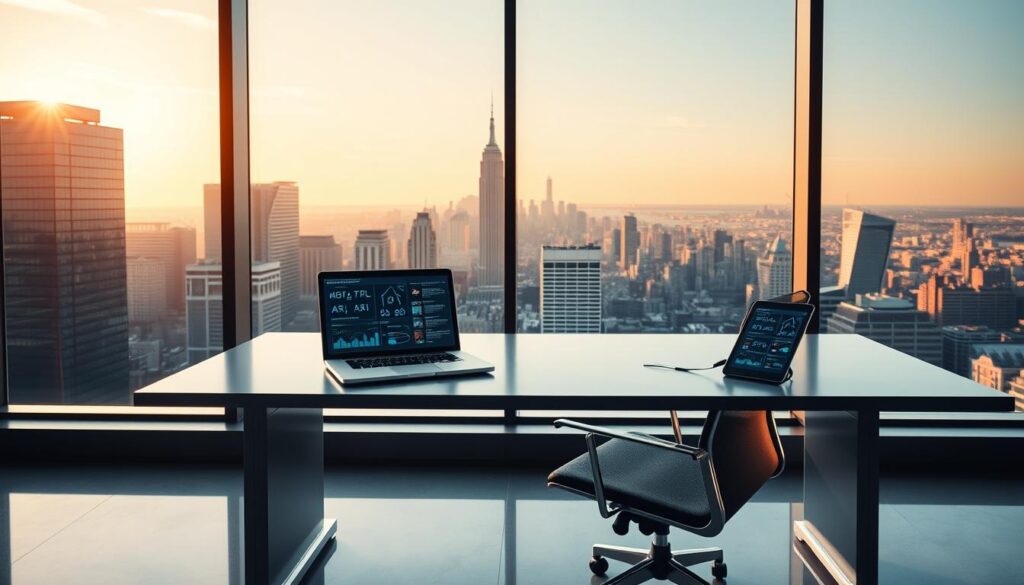 A sleek, minimalist office setting with a sophisticated desk and ergonomic chair. On the desk, a laptop and a tablet display intricate AI optimization algorithms and data visualizations. The background features a large window overlooking a bustling city skyline, bathed in warm, golden hour lighting. The scene conveys a sense of focus, innovation, and strategic planning, perfectly capturing the essence of "AI Optimization Strategy".