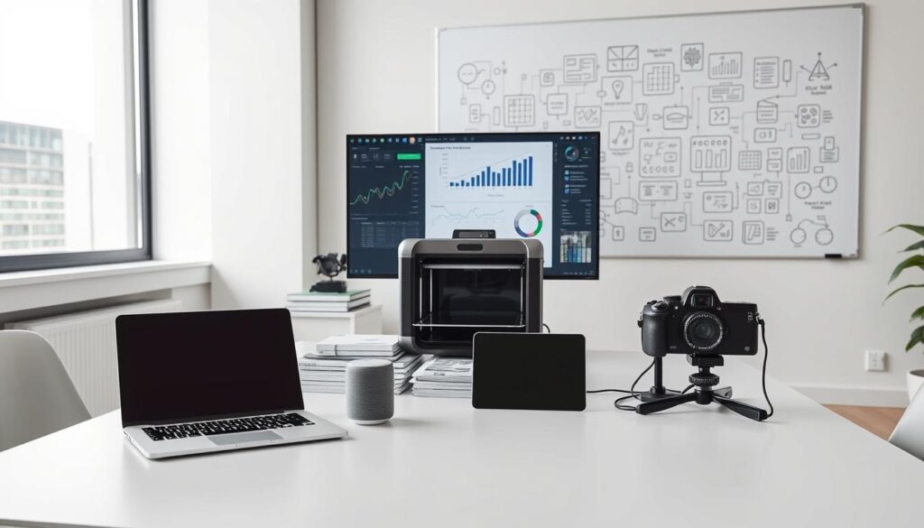 A sleek, minimalist office workspace with a collection of essential GEO tools and technologies. In the foreground, a laptop, a tablet, and a smart speaker sit on a clean, white desk. Behind them, a large monitor displays analytical software, charts, and graphs. The middle ground features a 3D printer, a stack of technical manuals, and a state-of-the-art camera. In the background, a whiteboard covered in strategic diagrams and algorithms, hinting at the complex nature of Generative Engine Optimization. Soft, directional lighting from a large window creates a professional, focused atmosphere, complemented by a muted color palette of greys, whites, and blues.