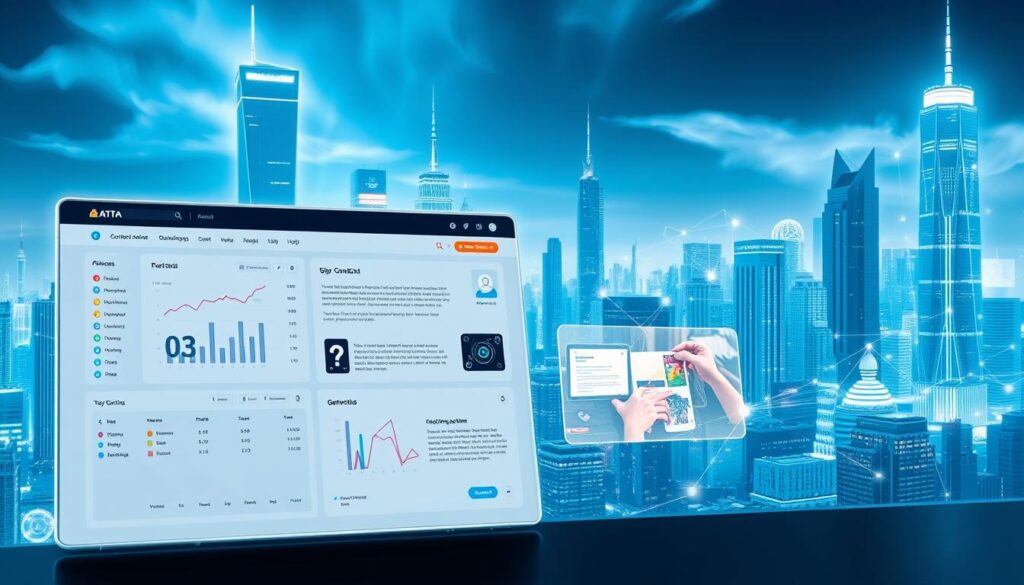 A sleek, modern AI-powered content generator interface set against a dynamic, futuristic backdrop. In the foreground, a clean and intuitive dashboard with customizable controls, sleek data visualizations, and a central generation panel. The middle ground features holographic displays showcasing generated content in various media formats - articles, images, videos. In the background, a cityscape of towering skyscrapers and glowing, interconnected networks, bathed in a cool, bluish hue and dramatic lighting that creates an aura of technological innovation and progress. The overall scene conveys a sense of power, precision, and the transformative potential of generative AI in content creation.
