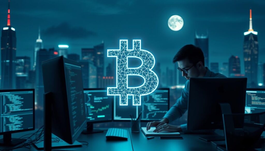 A sleek, modern blockchain development landscape. In the foreground, a glowing blockchain symbol with intricate, interlocking blocks hovers above a desktop computer, conveying the power and complexity of blockchain technology. In the middle ground, a team of developers collaborates, their faces illuminated by the glow of multiple screens displaying code, charts, and digital wallets. The background depicts a city skyline at night, with towering skyscrapers and a moonlit sky, symbolizing the transformative potential of blockchain to revolutionize businesses on a global scale. Subtle blue and green hues create a futuristic, innovative atmosphere. Cinematic lighting and a high-resolution, detailed rendering style bring this vision of blockchain development to life.