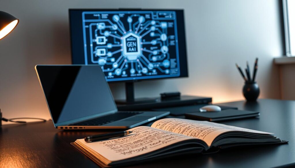 A sleek, modern desk setup with a laptop, stylus, and notepad, illuminated by soft, indirect lighting. In the background, a wall-mounted monitor displays a blueprint-style schematic of AI architecture, with interconnected nodes and lines representing the various components. On the desk, an open notebook showcases handwritten notes and sketches, hinting at the creative process behind the project. The overall atmosphere conveys a sense of focus, innovation, and the collaborative nature of this GEN AI endeavor.