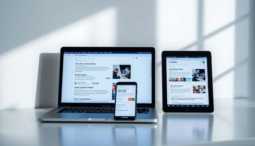 A sleek, modern desktop workspace with a laptop, smartphone, and tablet prominently displayed. The devices showcase vibrant, information-rich "featured snippets" on their screens, highlighting key data, statistics, and visuals. Soft, directional lighting from the side casts subtle shadows, adding depth and dimension. The composition is balanced, with the devices arranged in a visually appealing, asymmetrical layout. The overall scene conveys a sense of efficiency, technology, and the importance of optimizing content for enhanced search visibility and user engagement.