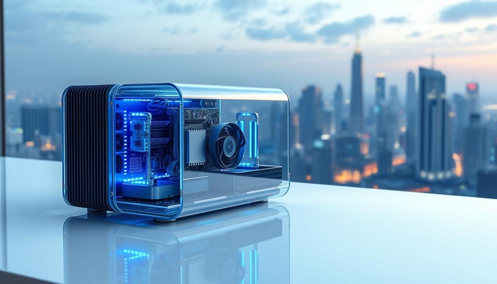 A sleek, modern edge computing device sits atop a gleaming white desk, its intricate circuits and sensors visible through a transparent casing. Soft blue lighting emanates from within, casting a serene glow over the minimalist workspace. In the background, a city skyline stretches out, with towering skyscrapers and a vibrant, interconnected technological landscape. The device appears to be in active communication, its status indicators pulsing with data. The overall atmosphere conveys the power and potential of IoT edge computing, a vital component in the future of smart, connected technology.