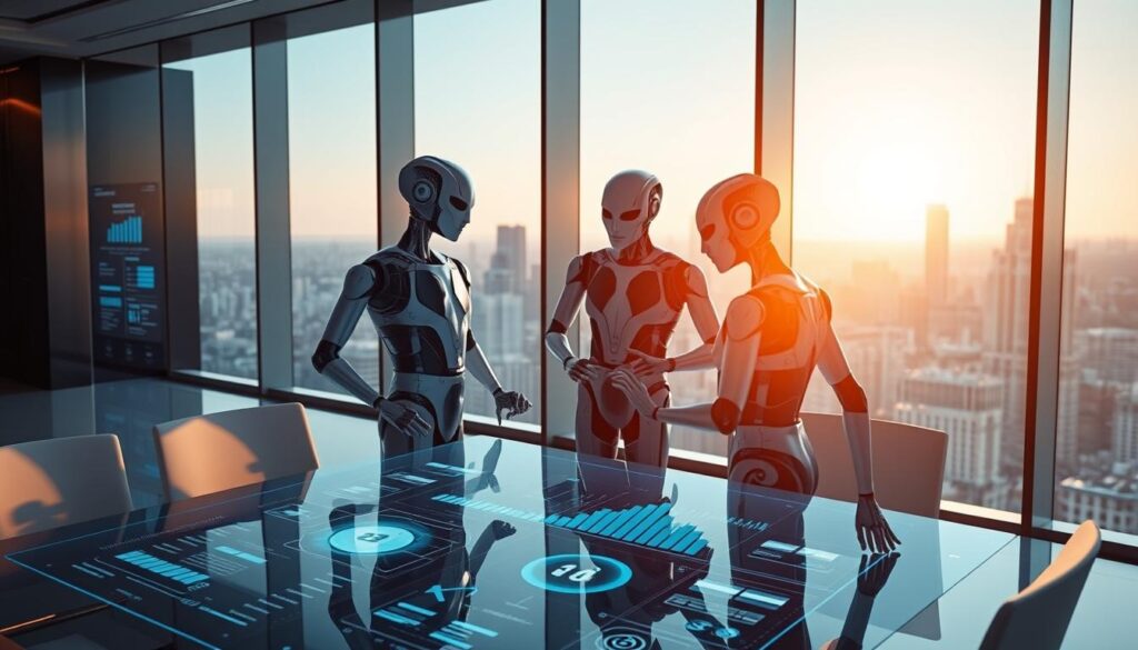 A sleek, modern office interior with a team of AI agents collaborating on a digital dashboard. The agents, represented as stylized humanoid figures, are interacting with holographic displays and data visualizations. The lighting is soft and directional, creating a sense of depth and emphasizing the advanced technology. The background features a panoramic city skyline visible through large windows, conveying a sense of scale and progress. The overall atmosphere is one of efficiency, innovation, and the seamless integration of AI into business applications.
