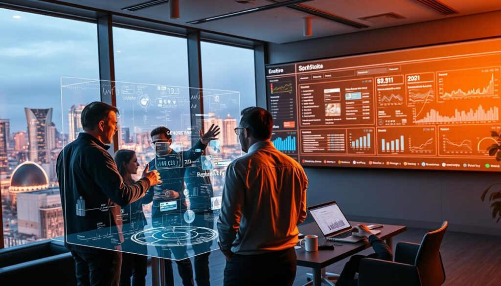 A sleek, modern office interior with large windows overlooking a bustling city skyline. In the foreground, a team of professionals huddled around a holographic display, gesticulating as they discuss intricate algorithms and data visualizations. Mid-ground, a developer types furiously on a laptop, eyes fixed on the screen. In the background, a massive wall-mounted monitor displays a real-time SEO dashboard, its metrics and charts fluctuating dynamically. Warm, focused lighting bathes the scene, creating a sense of strategic intensity. The overall atmosphere conveys a cutting-edge, future-forward approach to Generative Engine Optimization.