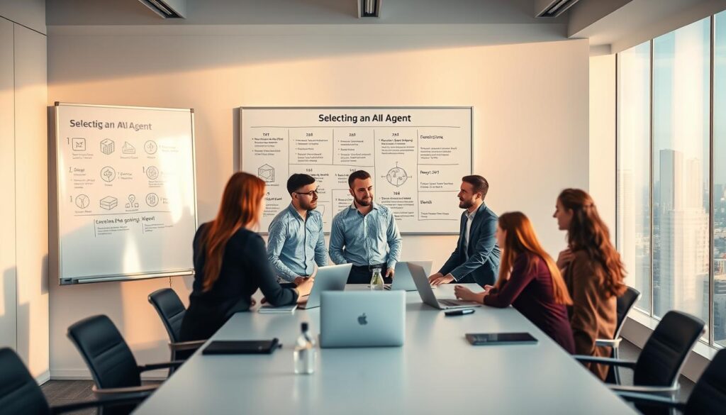 A sleek, modern office setting with a large whiteboard on the wall. The whiteboard displays a step-by-step process for selecting an AI agent, with icons and diagrams illustrating each stage. In the foreground, a team of professionals gathered around a conference table, engaged in a lively discussion, their expressions focused and thoughtful. Soft, directional lighting casts a warm glow over the scene, creating a sense of collaboration and innovation. The middle ground features various technological devices, such as laptops and tablets, hinting at the integration of AI into the workflow. The background showcases a panoramic city skyline, symbolizing the global impact of intelligent automation.