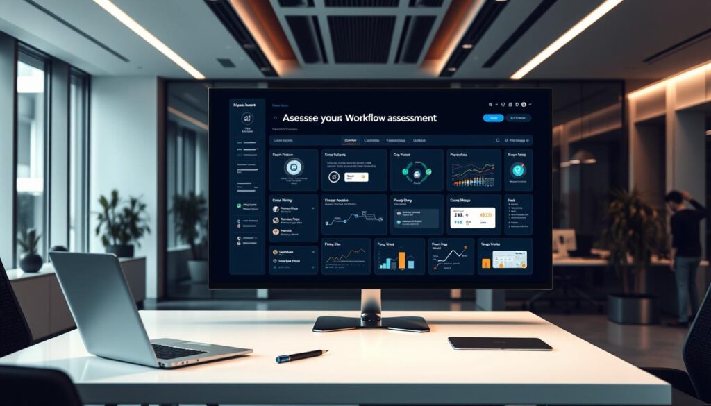 A sleek, modern office setting with a prominent display showcasing an "AI Agent Workflow Assessment" dashboard. The foreground features a minimalist, ergonomic desk with a laptop, stylus, and a few strategic design elements. The middle ground highlights the assessment dashboard, displaying key metrics, process flows, and interactive visualizations in a clean, intuitive interface. The background evokes a sense of technological sophistication, with subtle lighting, smooth surfaces, and hints of futuristic architecture. The overall mood is one of efficiency, innovation, and analytical precision, perfectly capturing the essence of "Assessing Your Workflow for AI Agent Integration".