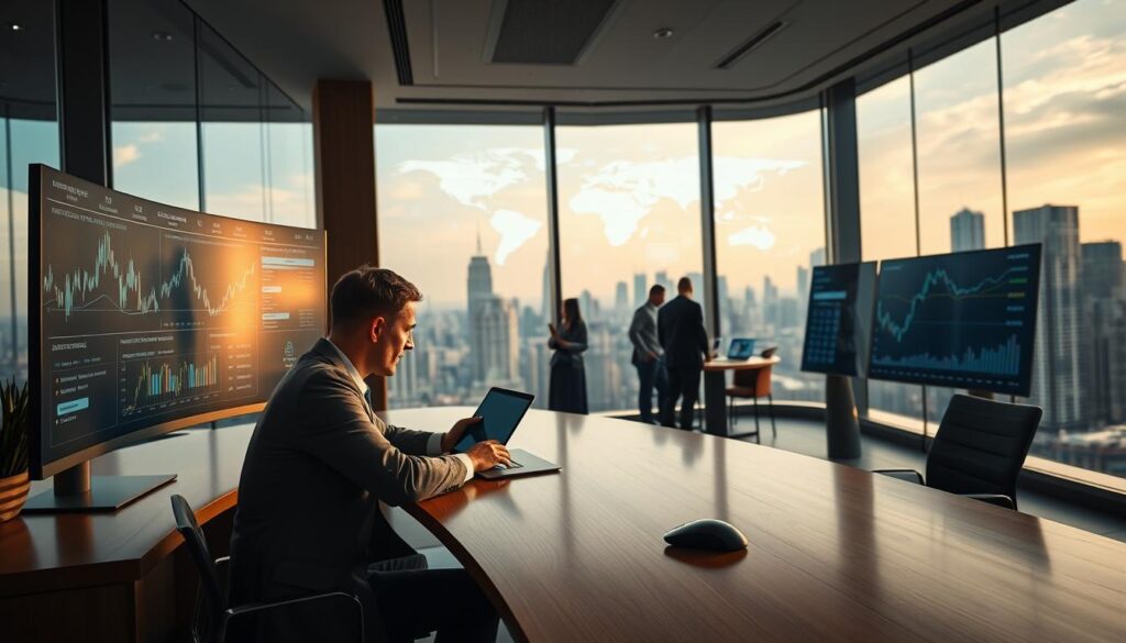 A sleek, modern office setting with floor-to-ceiling windows overlooking a bustling city skyline. In the foreground, an executive sits at a polished wooden desk, intently studying financial data displayed on a large, curved ultrawide monitor. The lighting is soft and indirect, creating a warm, focused atmosphere. On the desk, a high-end tablet and wireless mouse suggest the seamless integration of cutting-edge technology. In the middle ground, a team of analysts collaborates around a large interactive touchscreen, their expressions intense as they analyze complex financial models. The background showcases a network of holographic projections, visualizing real-time market data and investment strategies powered by advanced AI algorithms. The overall scene conveys a sense of innovation, efficiency, and the transformative potential of AI in the world of investment management.