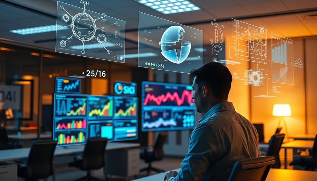 A sleek, modern office setting with high-tech data visualization displays showcasing intricate insights and trends. Warm, ambient lighting casts a professional glow, while minimalist, ergonomic furniture and clean lines create a streamlined, productive atmosphere. In the foreground, an analyst intently studies colorful graphs and charts, their face illuminated by the digital displays. Surrounding them, holographic projections of algorithms, statistical models, and complex data structures float effortlessly, creating an immersive, AI-powered data analysis experience. The overall scene conveys the power and precision of leveraging AI to unlock deeper business intelligence from large, complex datasets.