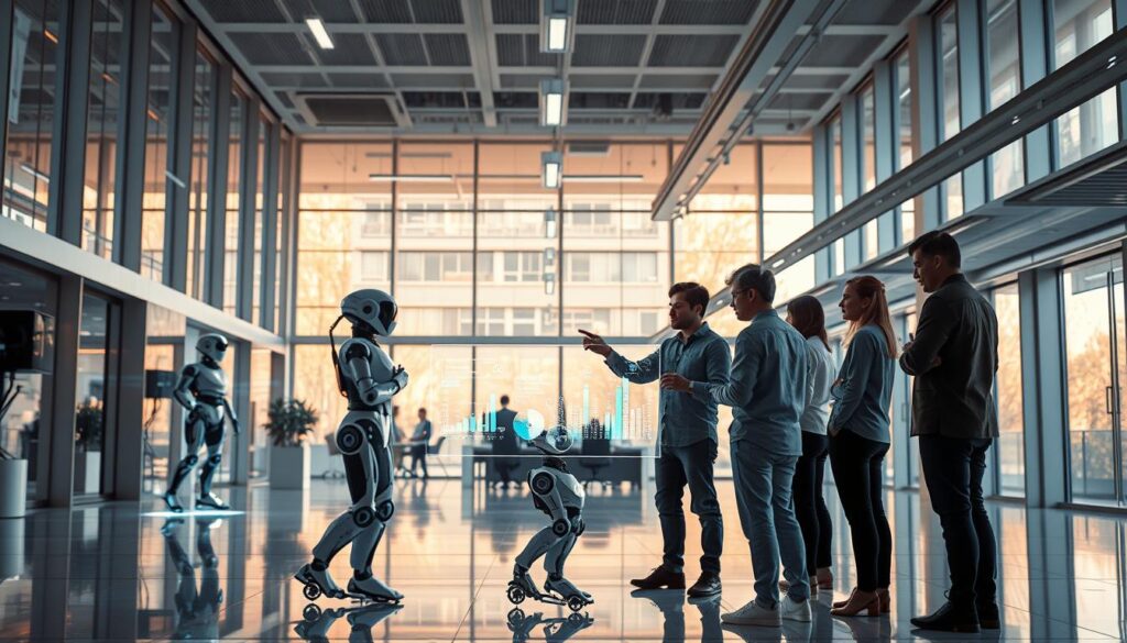 A sleek, modern office space with floor-to-ceiling windows, flooded with warm, natural light. In the foreground, a group of people collaborating around a holographic display, gesturing and analyzing data visualizations. In the middle ground, robotic assistants move autonomously, seamlessly integrating with the human workers. The background features an array of futuristic technological elements - holographic interfaces, smart lighting, and intelligent climate control systems. The overall atmosphere conveys a sense of efficiency, innovation, and the harmonious blending of human and artificial intelligence in the workplace.