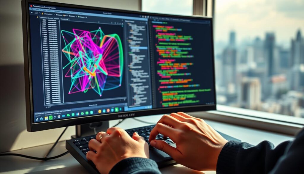 A sleek, modern workstation with a high-resolution monitor displays a TensorFlow model training in progress. The screen shows a complex neural network architecture, with colorful activation maps and real-time performance metrics. In the foreground, a developer's hands type commands into a clean, minimalist code editor, their focus intense as they fine-tune the model's hyperparameters. Soft, directional lighting illuminates the scene, casting subtle shadows and creating a sense of depth. The background features a blurred cityscape, hinting at the real-world applications of this cutting-edge AI technology. An atmosphere of innovation and scientific rigor pervades the image, capturing the essence of TensorFlow's power to revolutionize AI projects.