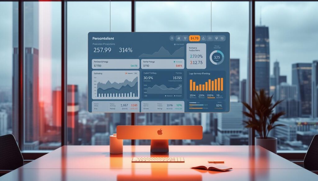 A sophisticated financial dashboard hovers above a sleek, modern office workspace. The dashboard displays personalized investment projections, retirement planning tools, and AI-powered recommendations for long-term financial goals. Warm, focused lighting illuminates the scene, casting a sense of productivity and innovation. In the background, a cityscape of towering skyscrapers hints at the scale and impact of this AI-driven financial planning solution. The overall composition conveys a balance of cutting-edge technology and human-centric design, empowering the user to make informed, strategic decisions about their financial future.