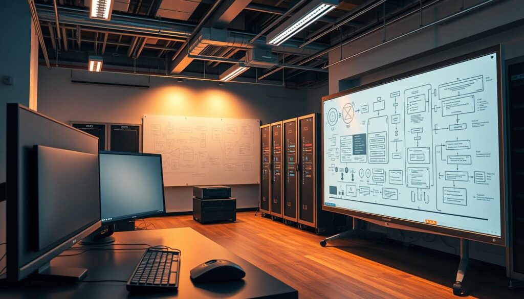 A spacious, well-lit DevOps environment with a futuristic, technology-driven ambiance. In the foreground, a developer's workstation featuring multiple high-resolution displays, a sleek keyboard, and a state-of-the-art desktop computer. The middle ground showcases a large, interactive whiteboard adorned with diagrams, flow charts, and software architecture schematics. In the background, a bank of servers and networking equipment, their status indicators glowing softly, creating a sense of constant activity and data processing. Warm, diffused lighting casts a soft glow over the entire scene, creating a productive and collaborative atmosphere. The overall composition conveys a seamless integration of people, processes, and technology, epitomizing the essence of a modern DevOps setup.
