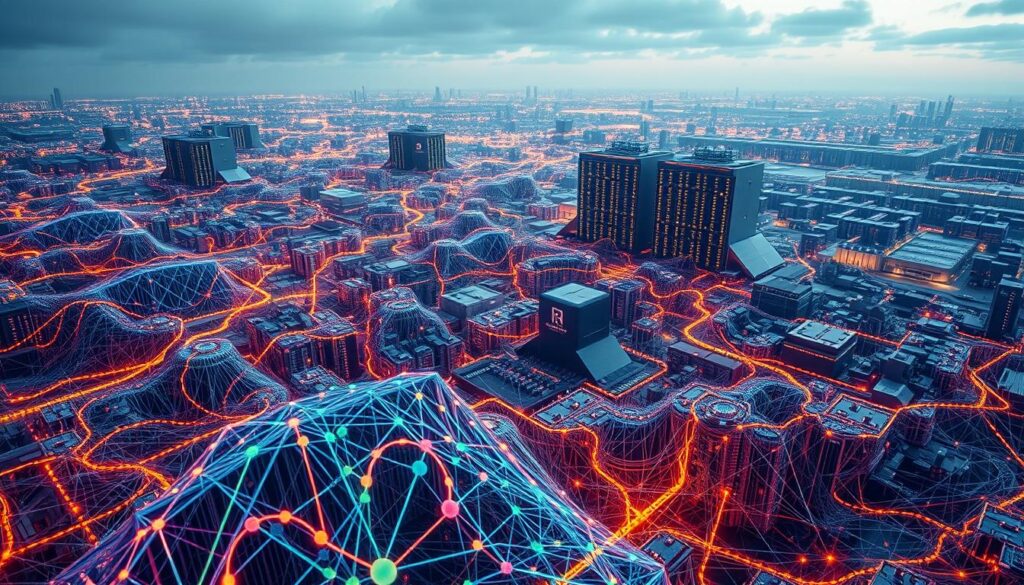 A sprawling landscape of interconnected machine learning frameworks, their intricate architectures and algorithms interwoven like a complex tapestry. In the foreground, a vibrant visualization of neural networks, their layers and nodes pulsing with data, illuminated by a warm, technical glow. In the middle ground, towering pillars of open-source libraries and tools, their icons and logos emblazoned on sleek, minimalist interfaces. In the distance, a horizon of futuristic datacenters, their server racks and cooling systems hinting at the immense computational power that powers these essential tools for the dawn of the AI era. The scene conveys a sense of seamless integration, where the building blocks of machine learning come together to unlock the limitless potential of artificial intelligence.