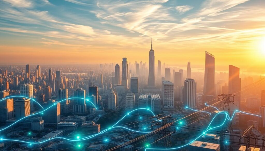 A sprawling metropolis backdrop, with skyscrapers and bustling streets. In the foreground, a series of interconnected power lines, transformers, and smart grid infrastructure. Flowing through these lines, waves of energy visualized as glowing blue and green currents. Overhead, a sun-dappled sky with wispy clouds, casting a warm, futuristic glow. The entire scene conveys a sense of technological integration, efficiency, and sustainable power distribution, essential for a smart city of the future.