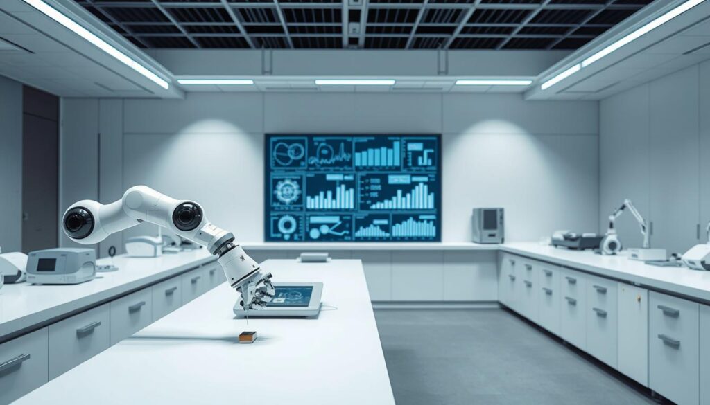 A sterile, clinical laboratory setting with advanced technological equipment and tools arranged neatly on sleek, white countertops. In the foreground, a robotic arm precisely manipulates a small object, showcasing the precise, specialized capabilities of narrow AI. In the middle ground, a large, high-resolution display shows intricate data visualizations and analytics, highlighting the information-processing power of narrow AI applications. The background features a minimalist, futuristic aesthetic with clean lines and muted lighting, conveying the controlled and constrained nature of narrow AI's capabilities compared to the open-ended potential of artificial general intelligence.