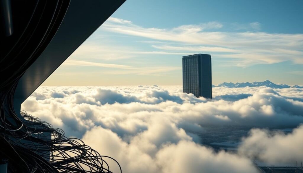 A striking, panoramic view of cloud computing infrastructure, showcasing a towering data center nestled among cascading, wispy white clouds. The building's sleek, angular design is illuminated by a soft, diffused natural light, casting long shadows across the serene sky. In the foreground, a network of cables and pipes weave together, symbolizing the intricate connectivity that powers the cloud. The middle ground features a grid of servers, their bright LED indicators pulsing with activity, hinting at the immense computational power at work. In the distant background, a range of snow-capped mountains provide a majestic, natural backdrop, creating a harmonious balance between the man-made and the natural world. The overall scene conveys a sense of scale, technology, and the seamless integration of cloud computing infrastructure within the natural landscape.