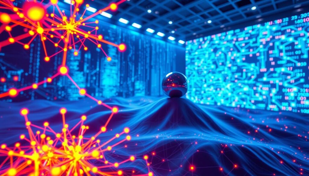 A stunning, hyper-realistic render of neural network learning techniques. In the foreground, a vibrant neural network diagram with intricate, glowing nodes and interconnected synapses. The middle ground showcases a gradient descent optimization process, visualized as a 3D landscape with a ball rolling downhill, representing the network's iterative learning. In the background, a complex data visualization matrix, showcasing the flow of information and the iterative refinement of the network's parameters. The scene is bathed in a cool, neon-like lighting, creating a futuristic, technological atmosphere. Captured with a wide-angle lens to emphasize the depth and complexity of the neural network learning process.