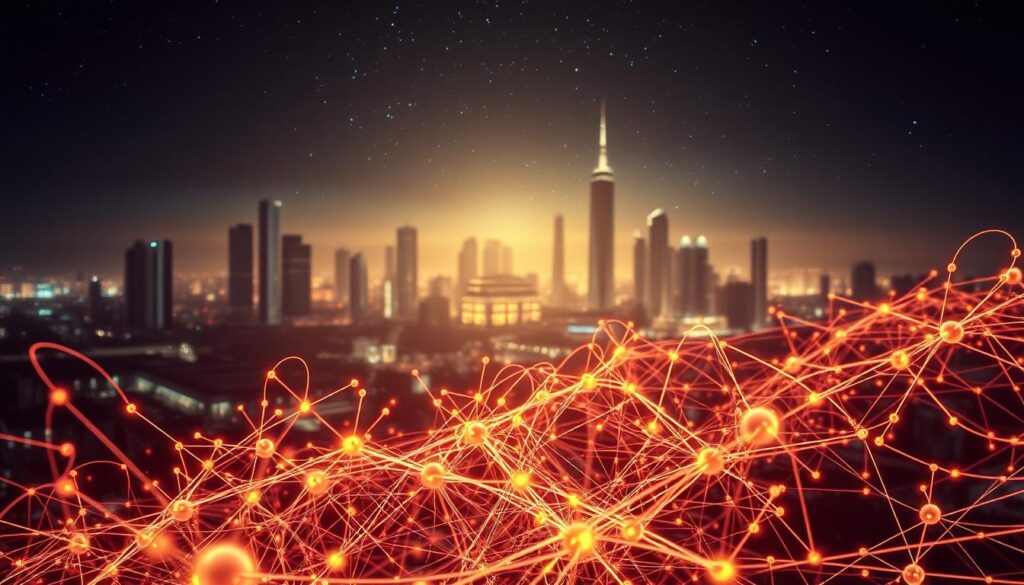 A stunning neural network evolution landscape, showcasing the intricate and interconnected nature of artificial neural networks. In the foreground, a dynamic array of neurons pulsing with energy, their synaptic connections forming a mesmerizing web of lines and curves. In the middle ground, the network expands and evolves, with new neurons emerging and adapting, creating a sense of growth and transformation. The background is a sleek, futuristic cityscape, with gleaming skyscrapers and a starry night sky, hinting at the vast potential of this technology. The lighting is soft and atmospheric, casting a warm glow on the scene, while the camera angle is slightly elevated, providing a bird's-eye view that captures the full scope of the neural network's evolution.