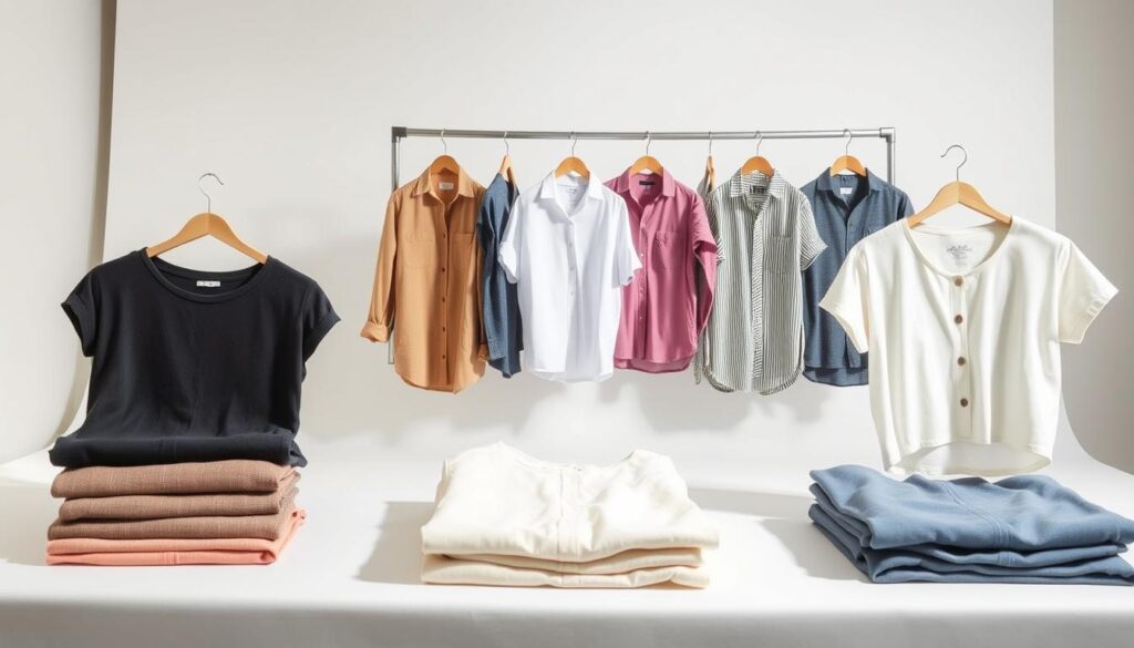 A stylishly curated display of AEO tops and t-shirts, arranged on a clean, minimalist studio set. The garments are captured in soft, natural lighting that highlights their high-quality fabrics and tailored silhouettes. In the foreground, a selection of fashion-forward graphic tees and classic crew-neck shirts are neatly folded, inviting the viewer to imagine the garments on a model. In the middle ground, button-up tops in a variety of colors and patterns hang elegantly, showcasing the brand's attention to detail and versatile style. The background features a simple, white backdrop, allowing the apparel to take center stage and convey a sense of modern, effortless sophistication.